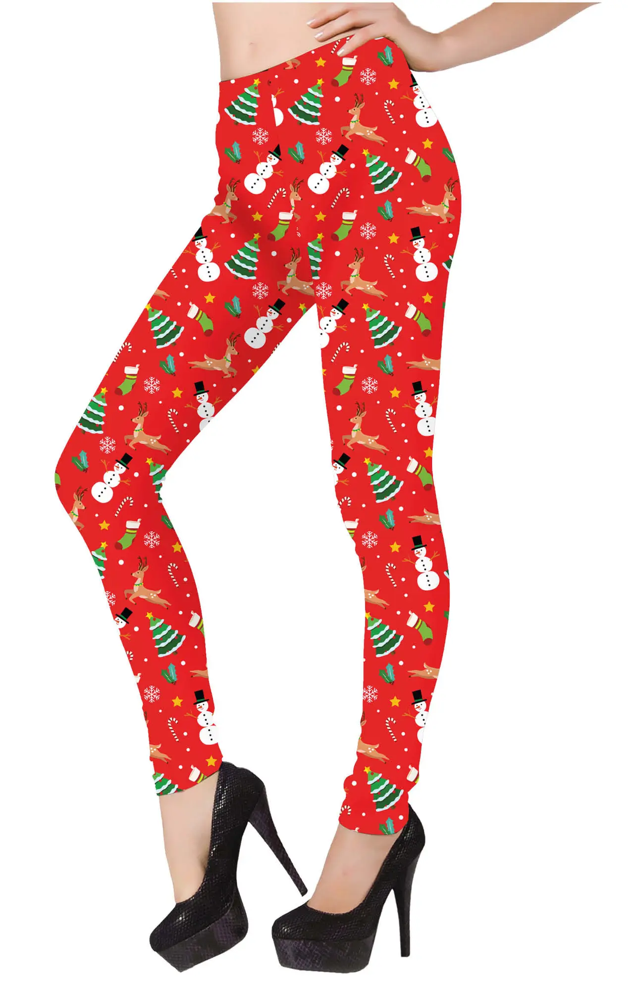 Røde leggings med juleprint til damer