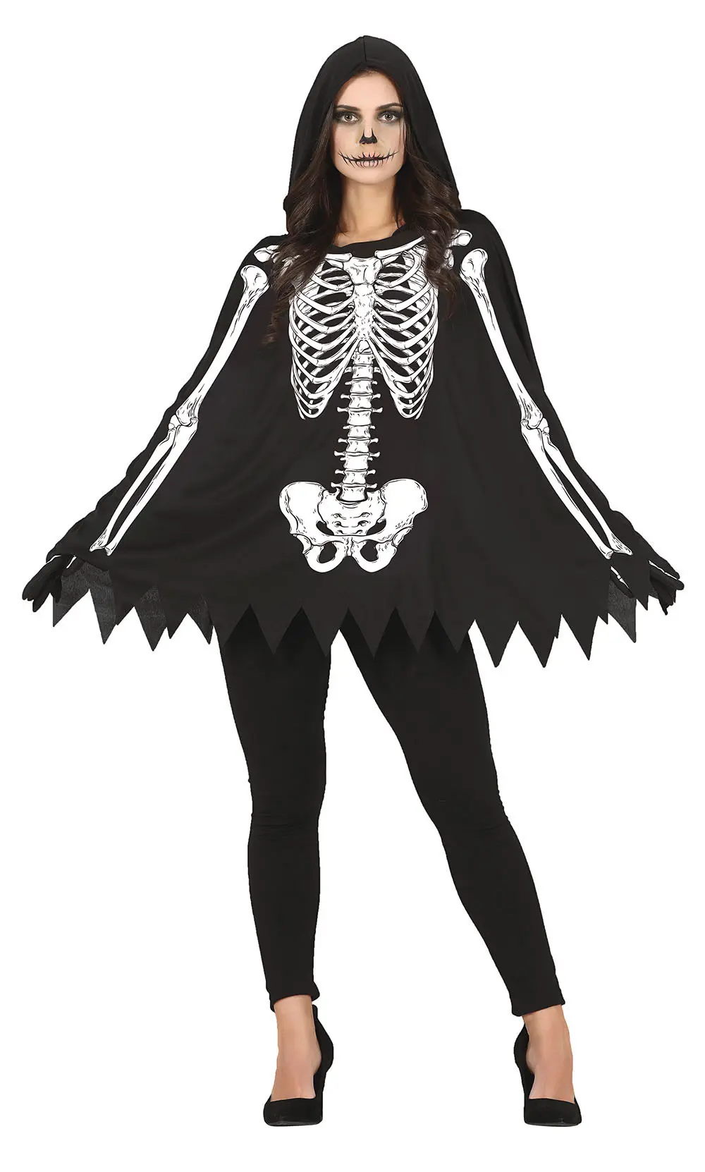 Skeletponcho – kostume til damer, sort og hvid