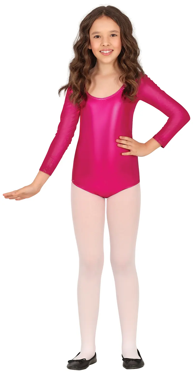 Langærmet body i metallisk fuchsia til piger