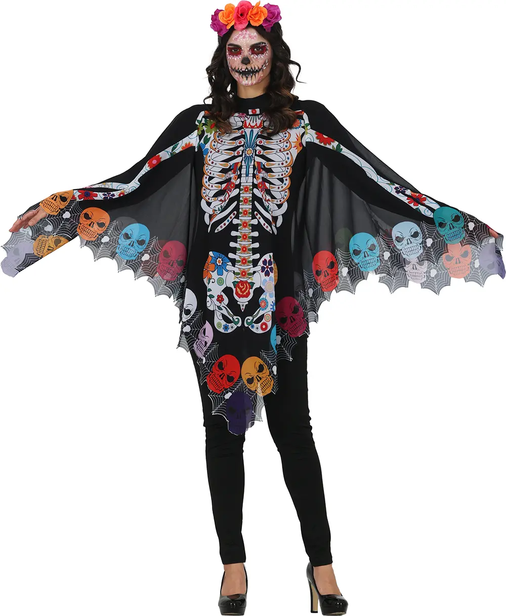 Catrina-poncho – kostume til damer, sort og flerfarvet
