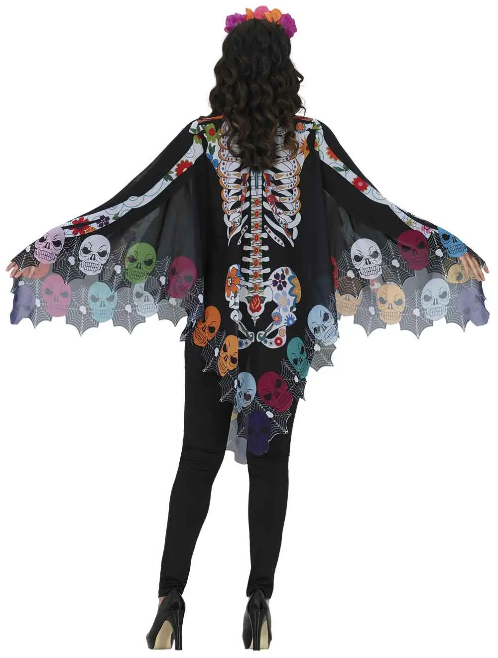 Catrina-poncho – kostume til damer, sort og flerfarvet