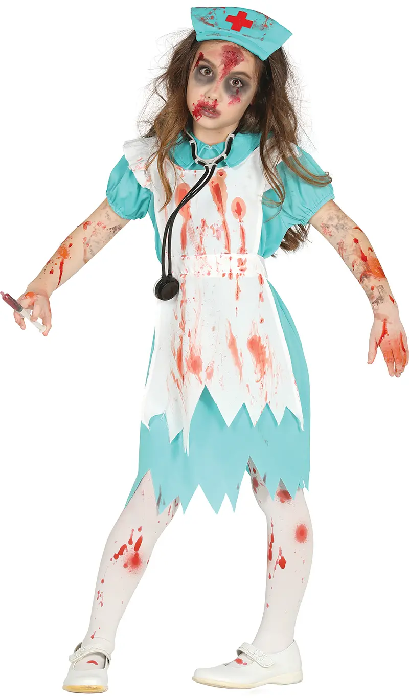 Zombiesygeplejerske – kostume til piger, blå og hvid