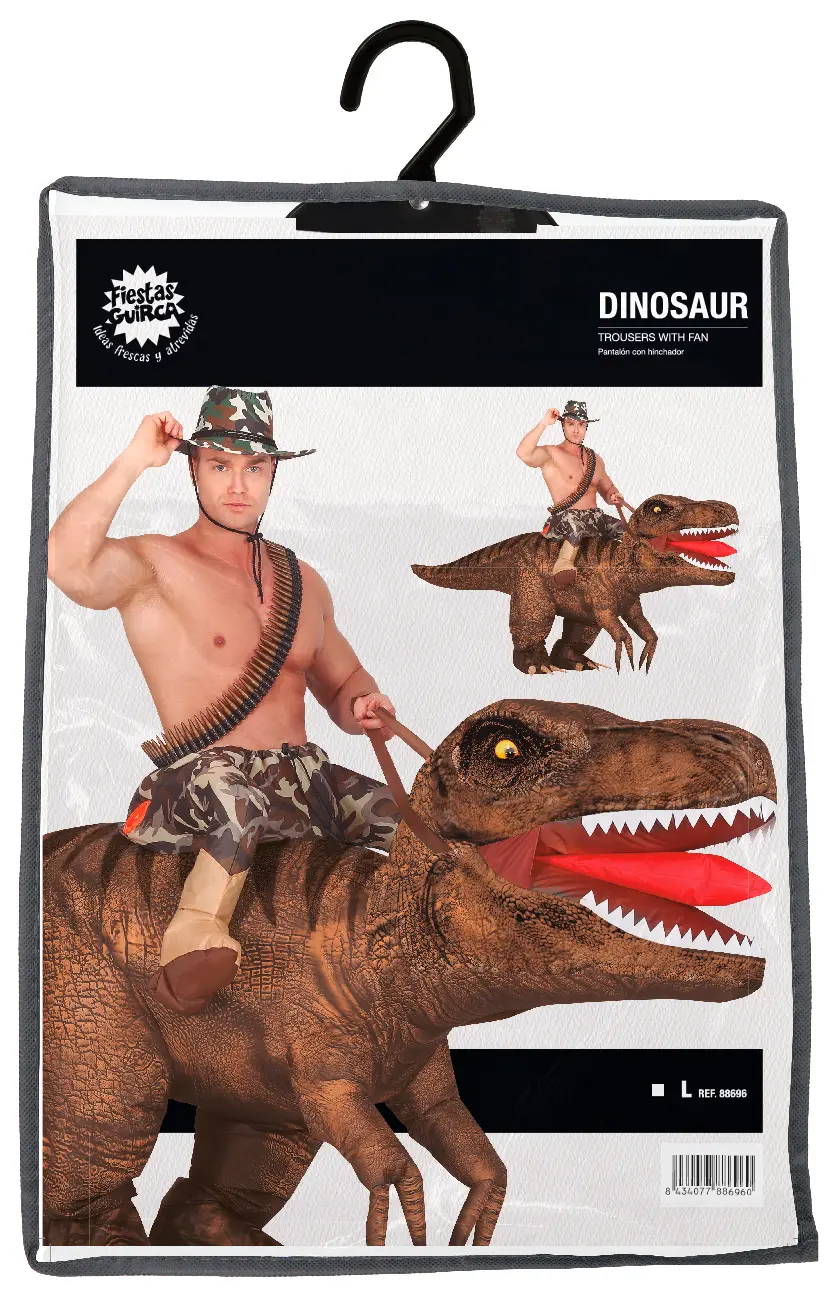 Oppusteligt kostume, rytter på dinosaur