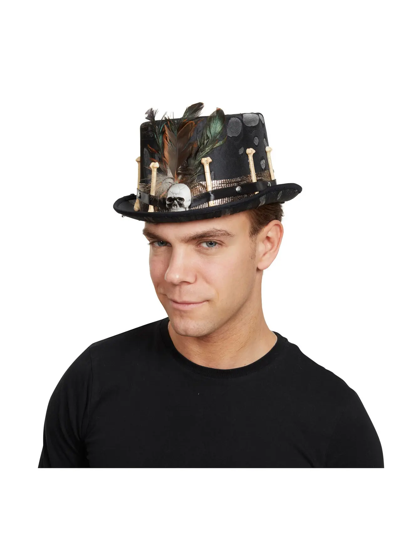 Sort voodoo-hat med kranie og fjer