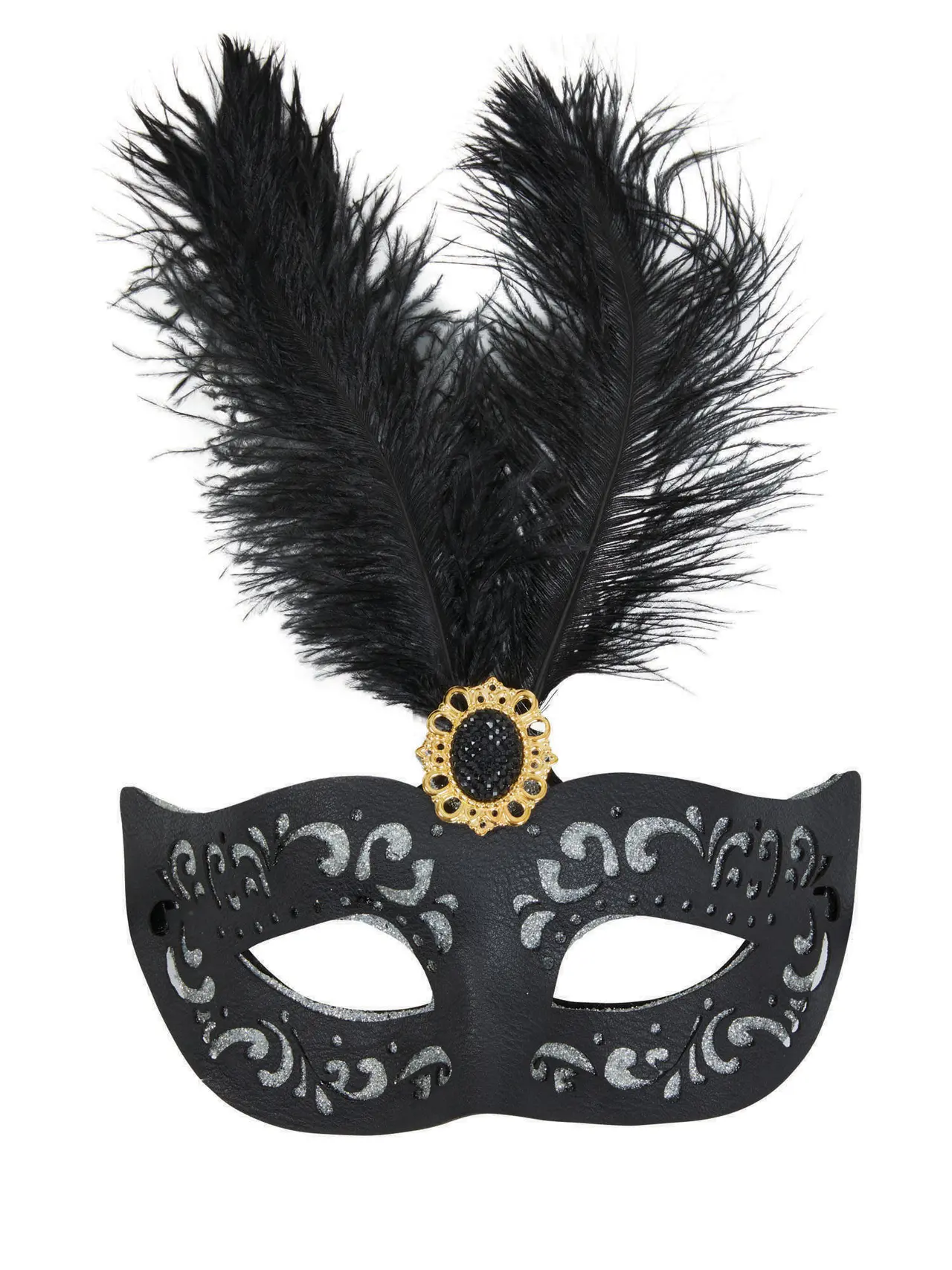 Sort maskerademaske med høj fjer og sten