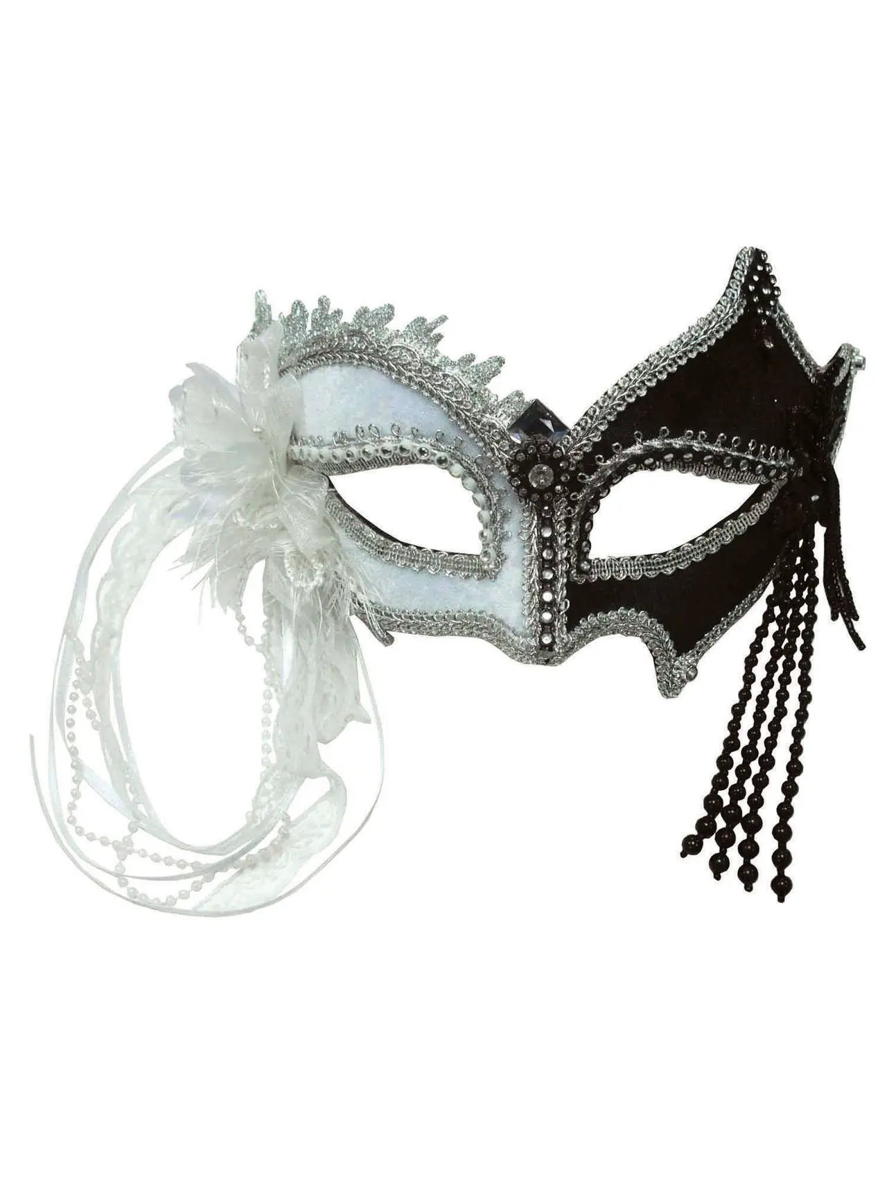Sort og hvid maskerademaske med kvaster