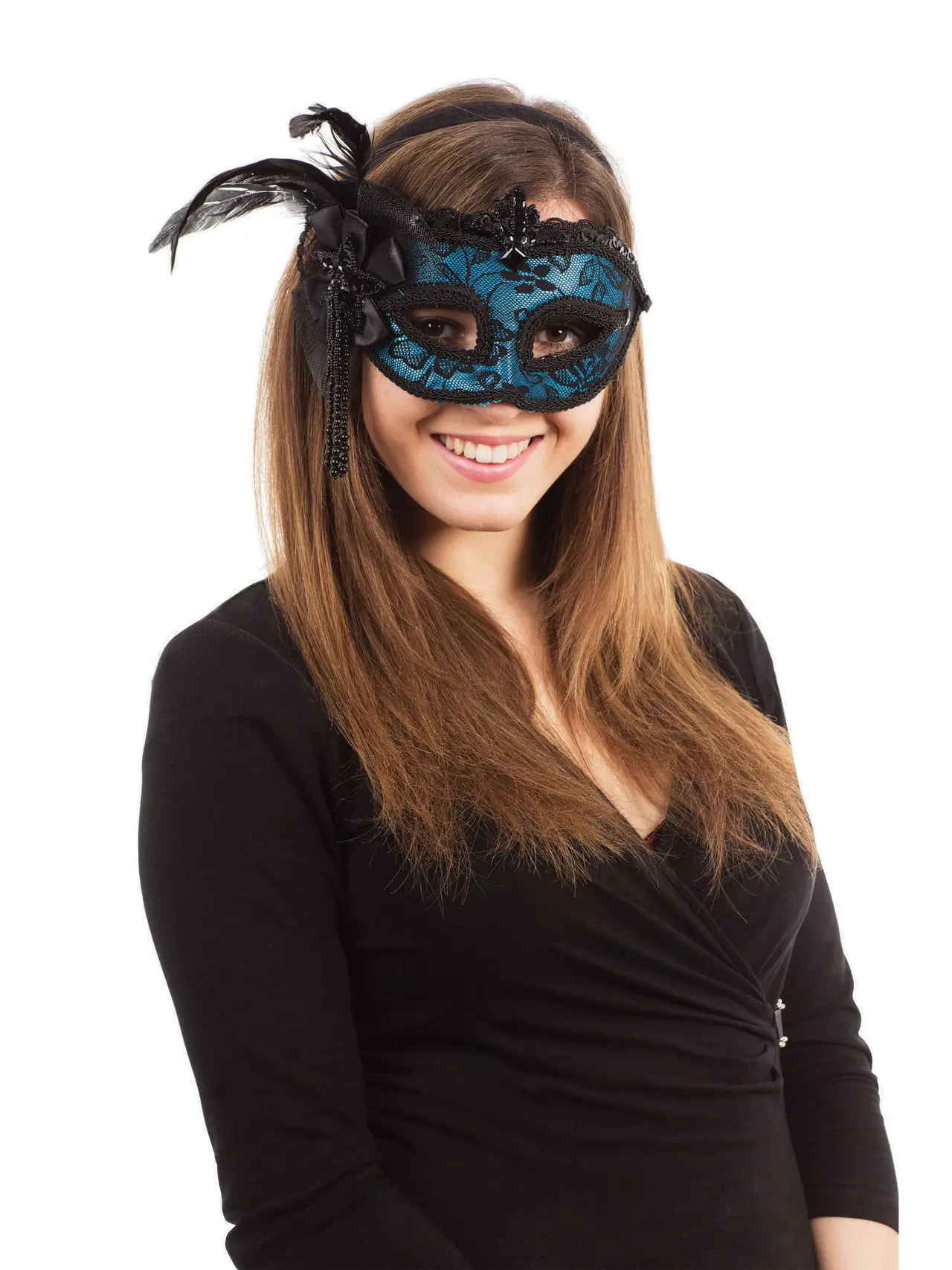 Blå maskerademaske med fjer i siden