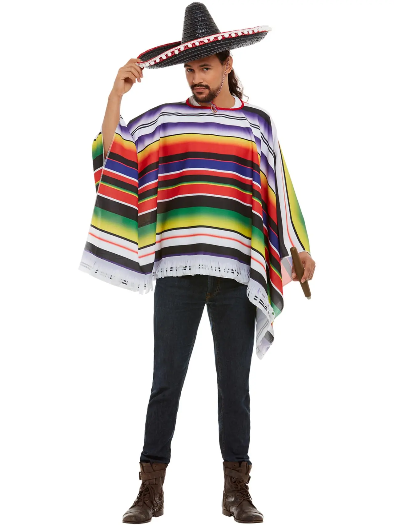 Farverig poncho med frynser
