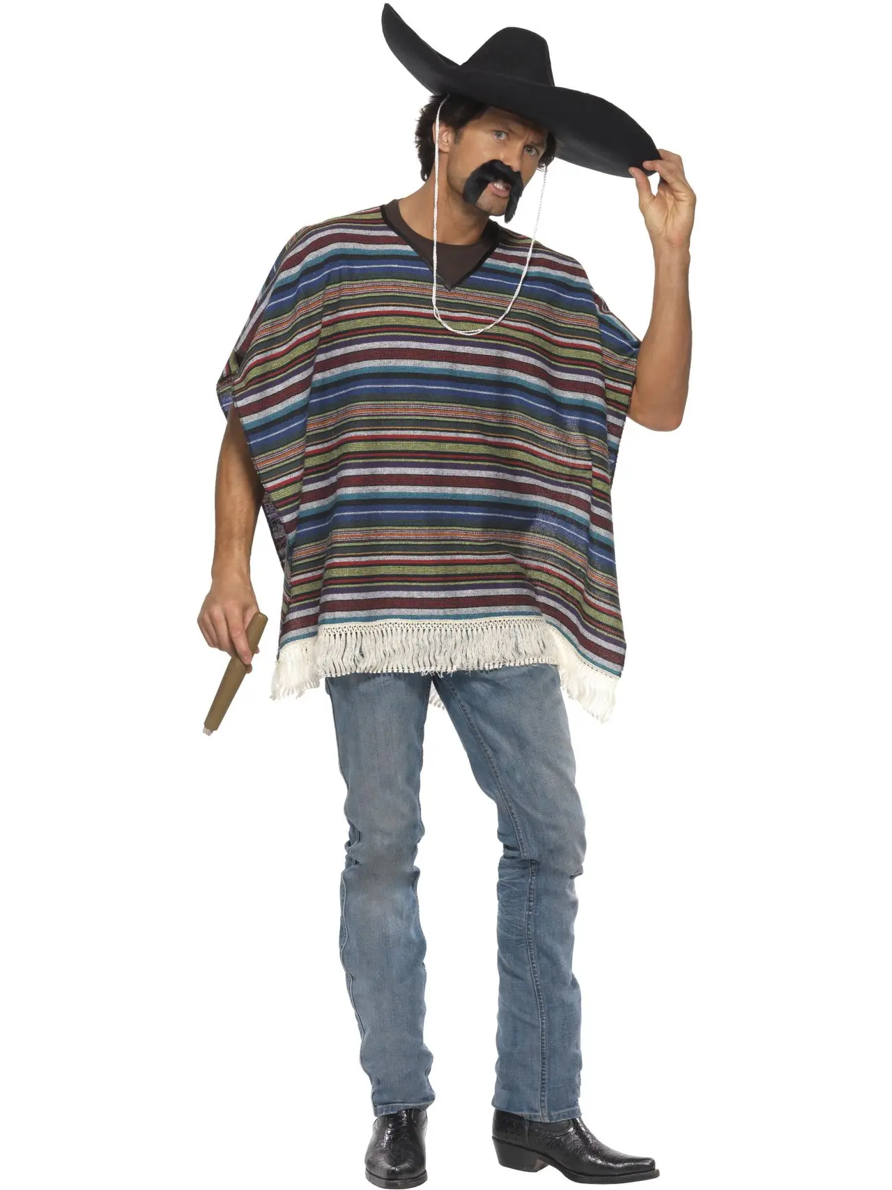 Poncho i blå med striber og frynser