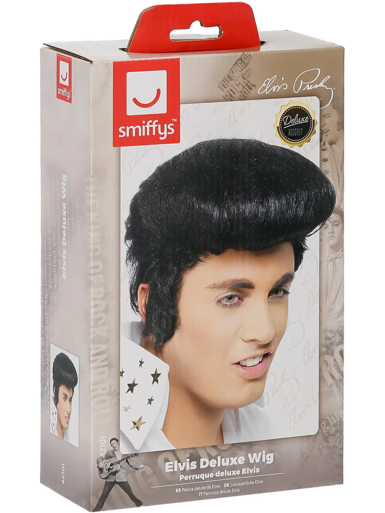 Elvis deluxe-paryk med høj quiff og bakkenbarter