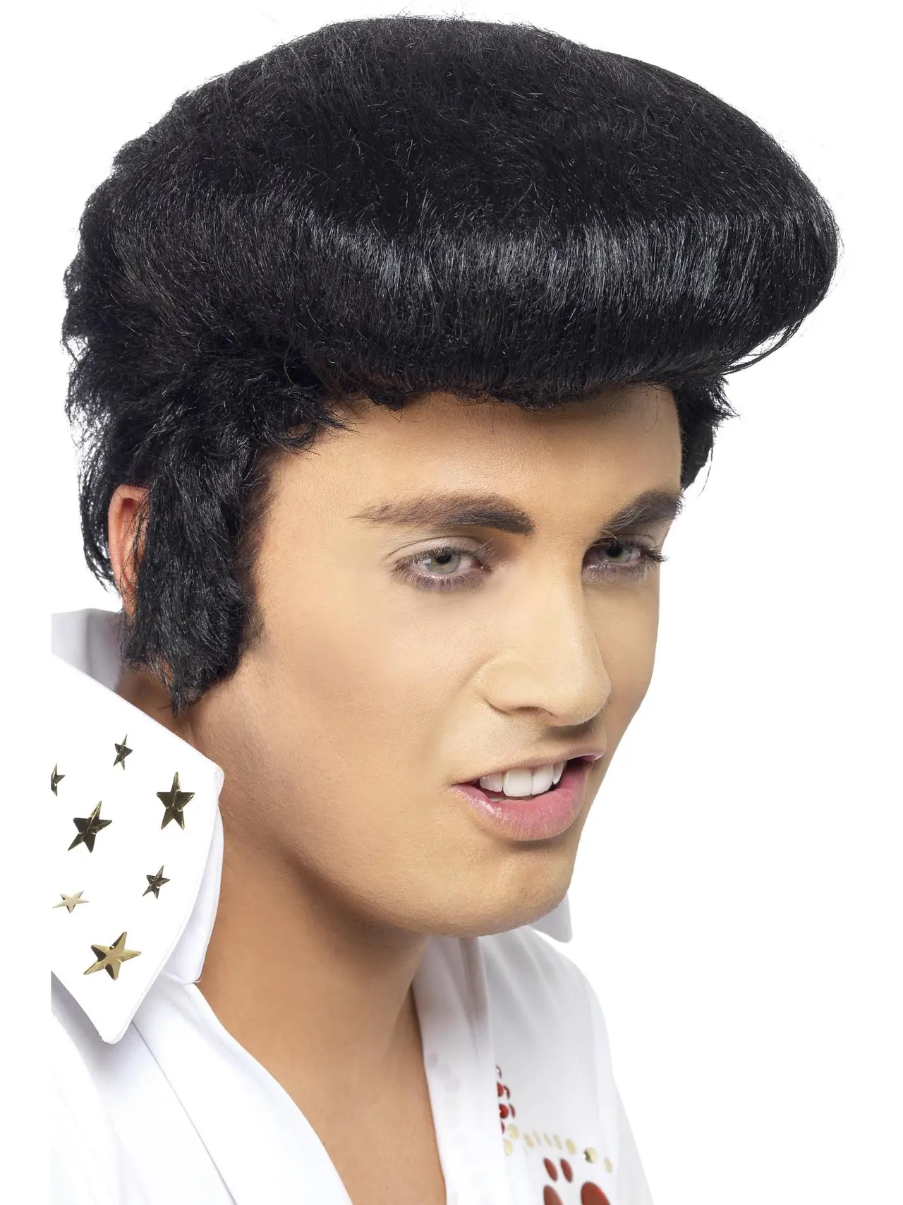 Elvis deluxe-paryk med høj quiff og bakkenbarter