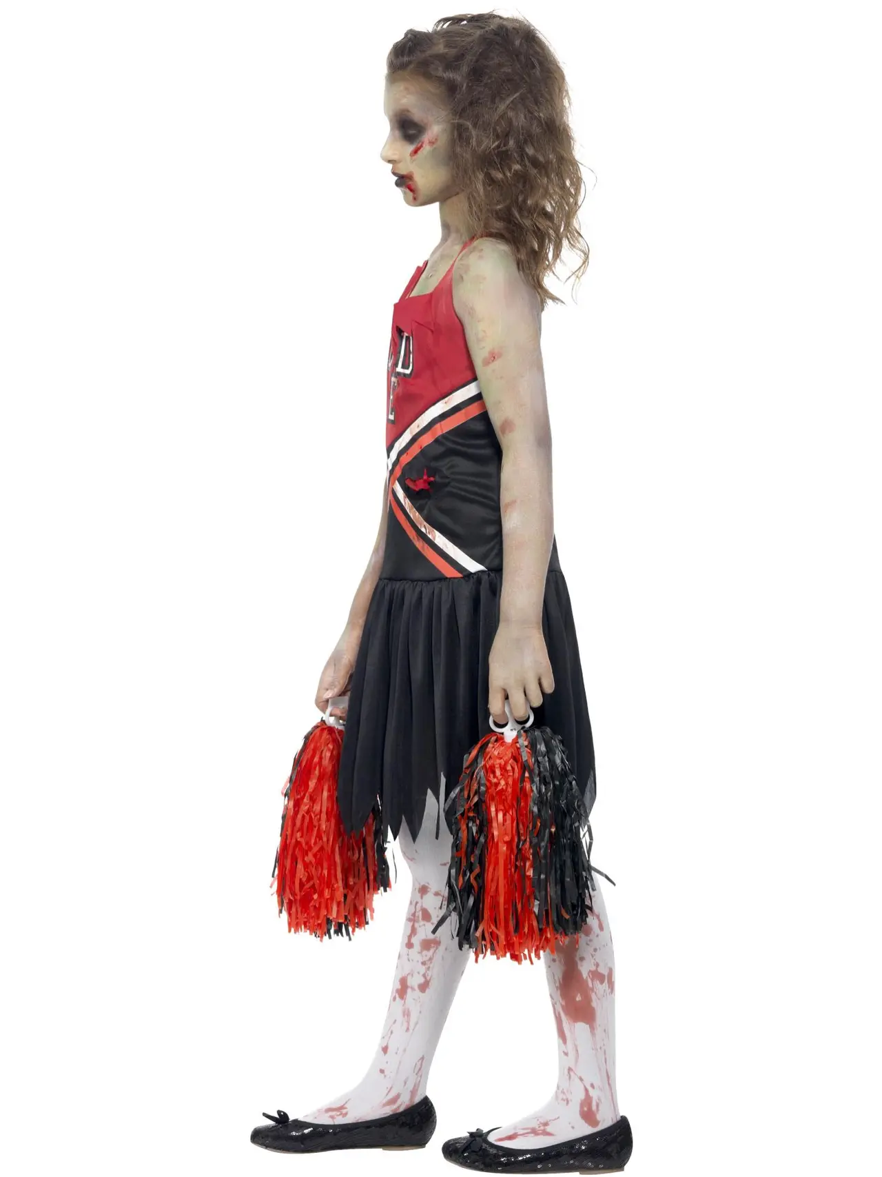 Zombie-cheerleader, rød og sort – kostume til piger