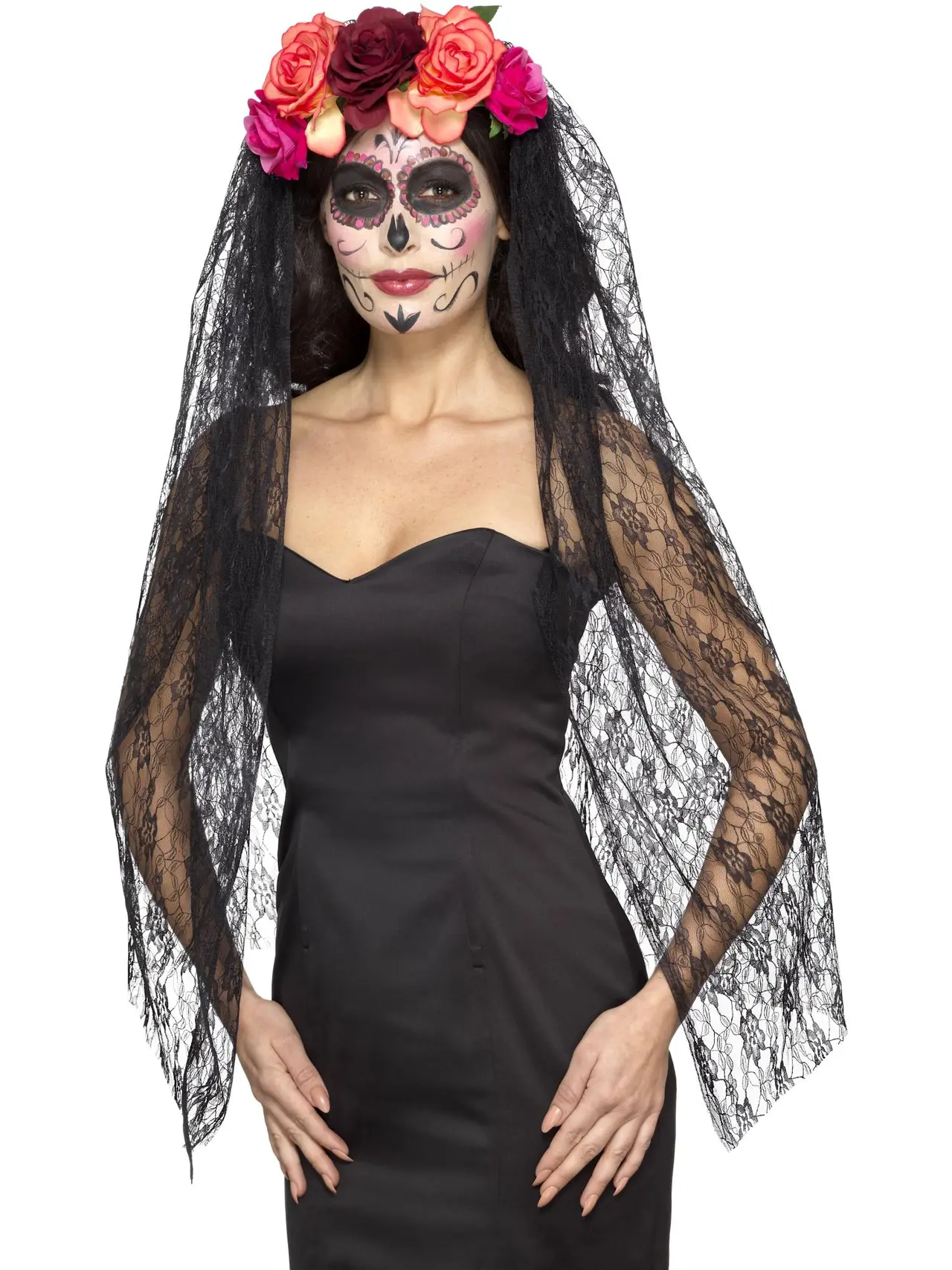 Day of the Dead-diadem deluxe med roser og slør