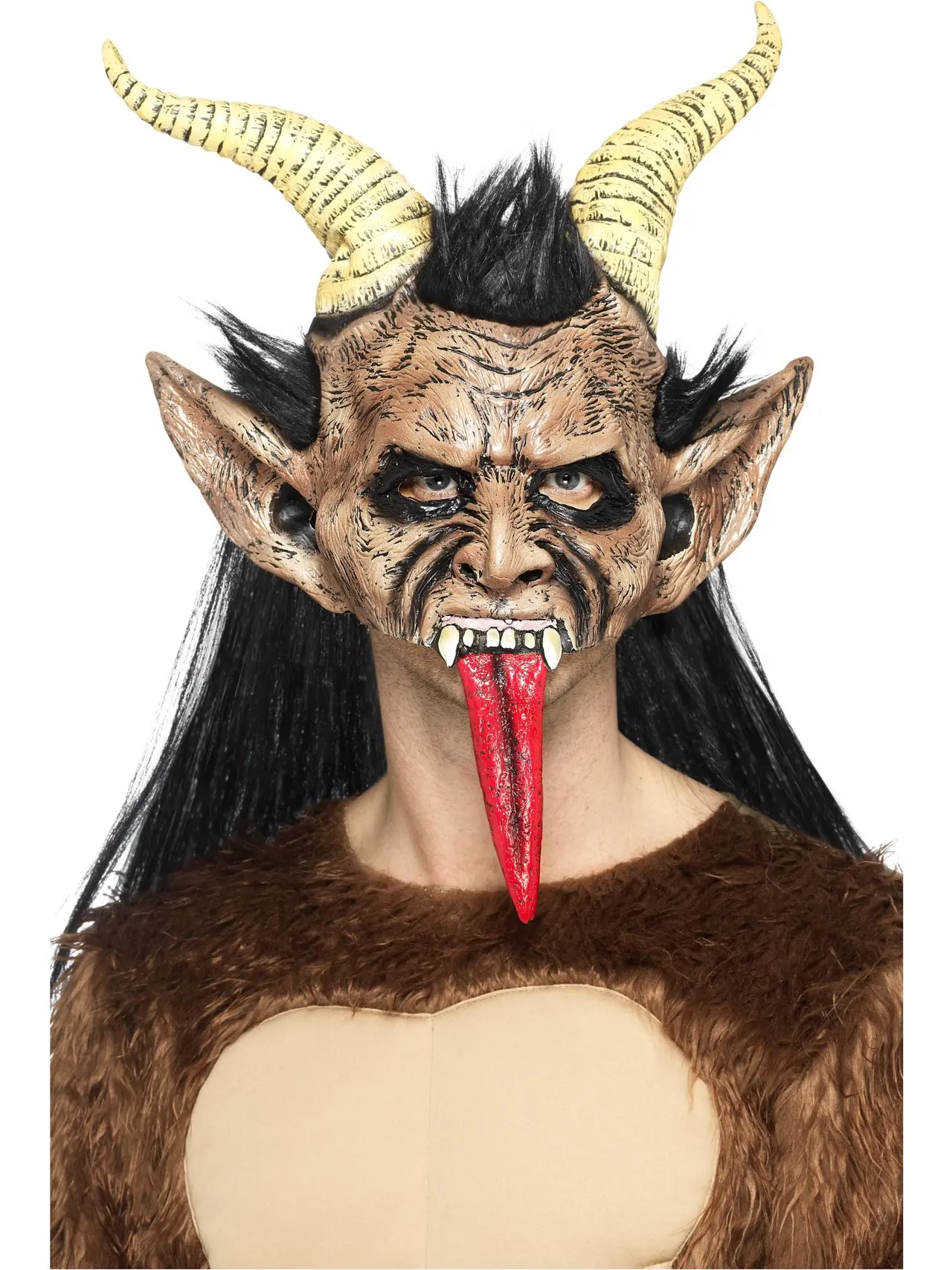 Krampus-dæmonmaske i latex med hår og horn