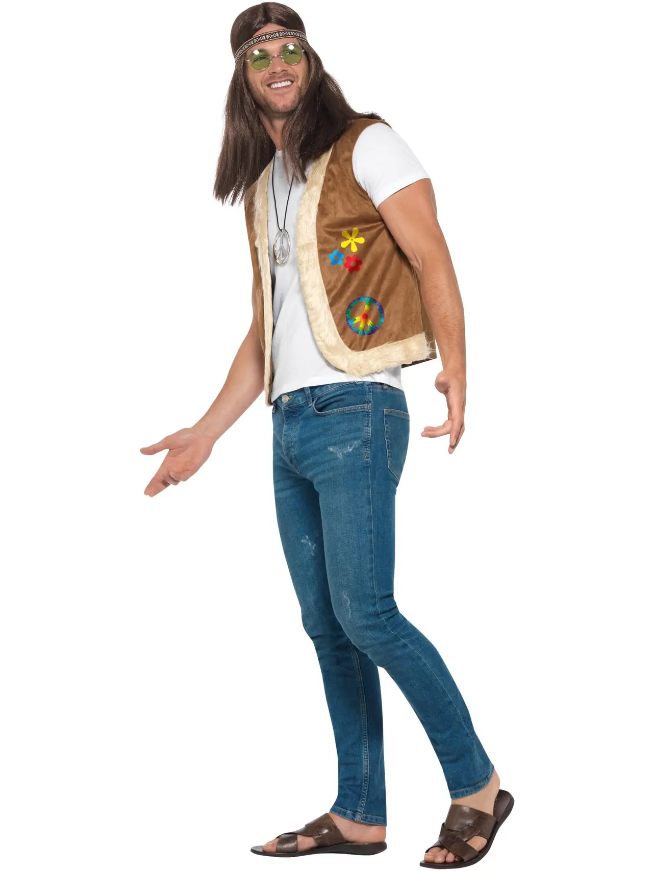 Brun hippievest med peaceprint og pelskant