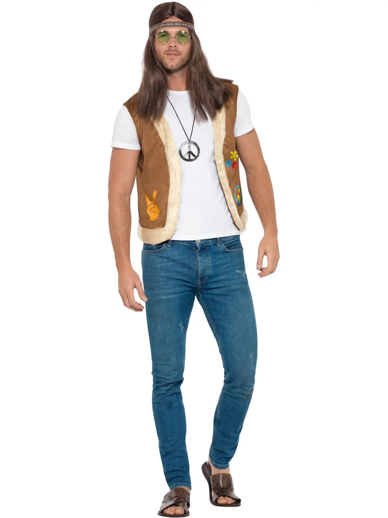 Brun hippievest med peaceprint og pelskant