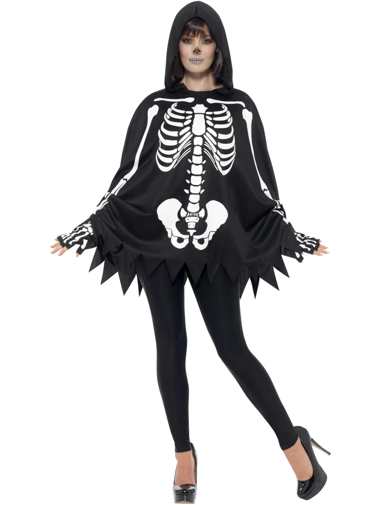 Skelet-poncho med handsker – kostume til voksne
