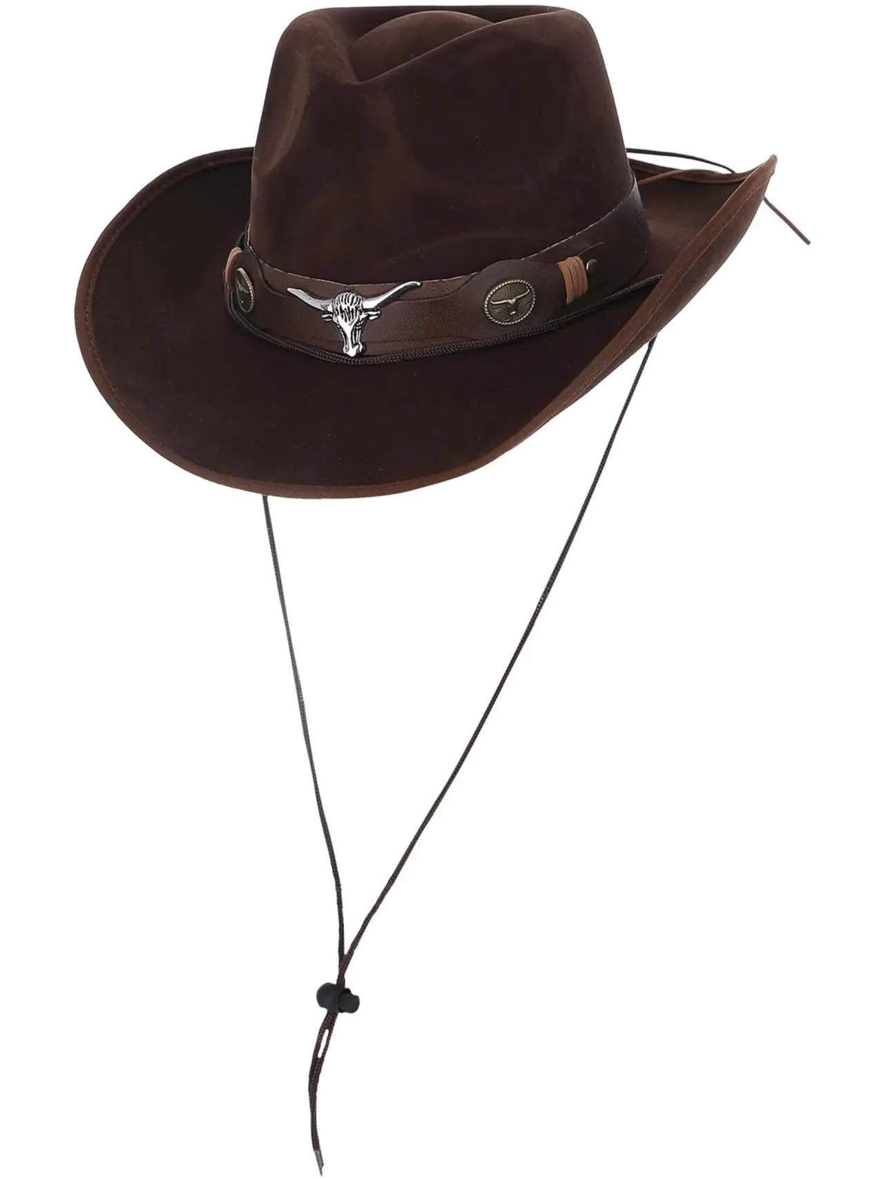 Brun cowboyhat i imiteret læder med tyrekranie