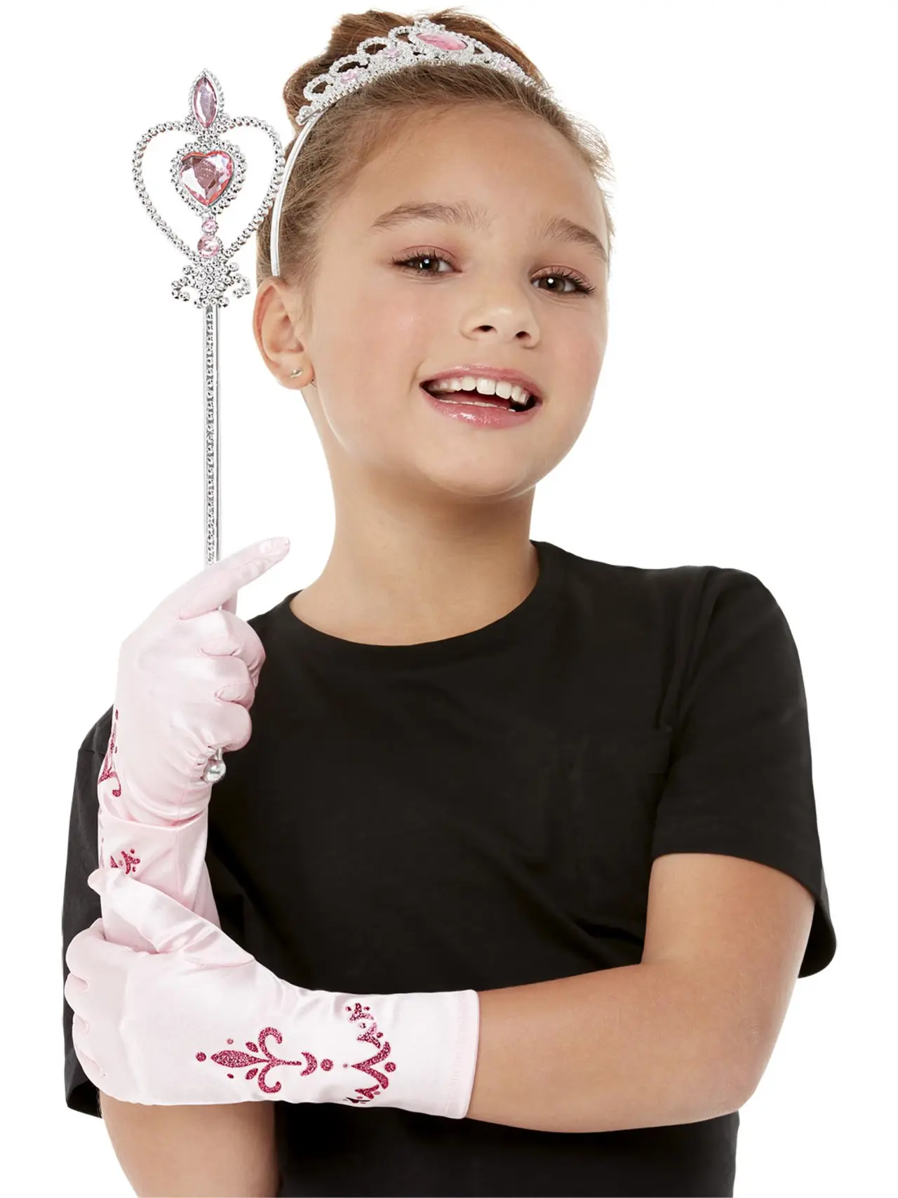 Lyserødt prinsessesæt med stav, tiara og handsker