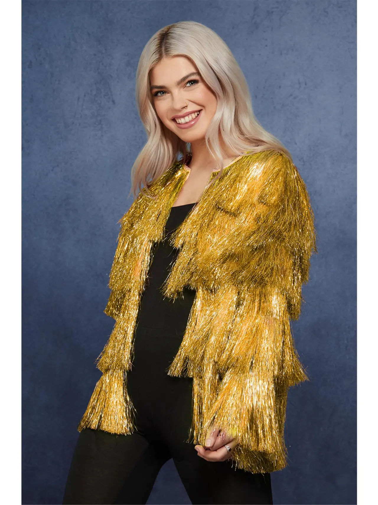 Guldfarvet festivaljakke med glitterfrynser