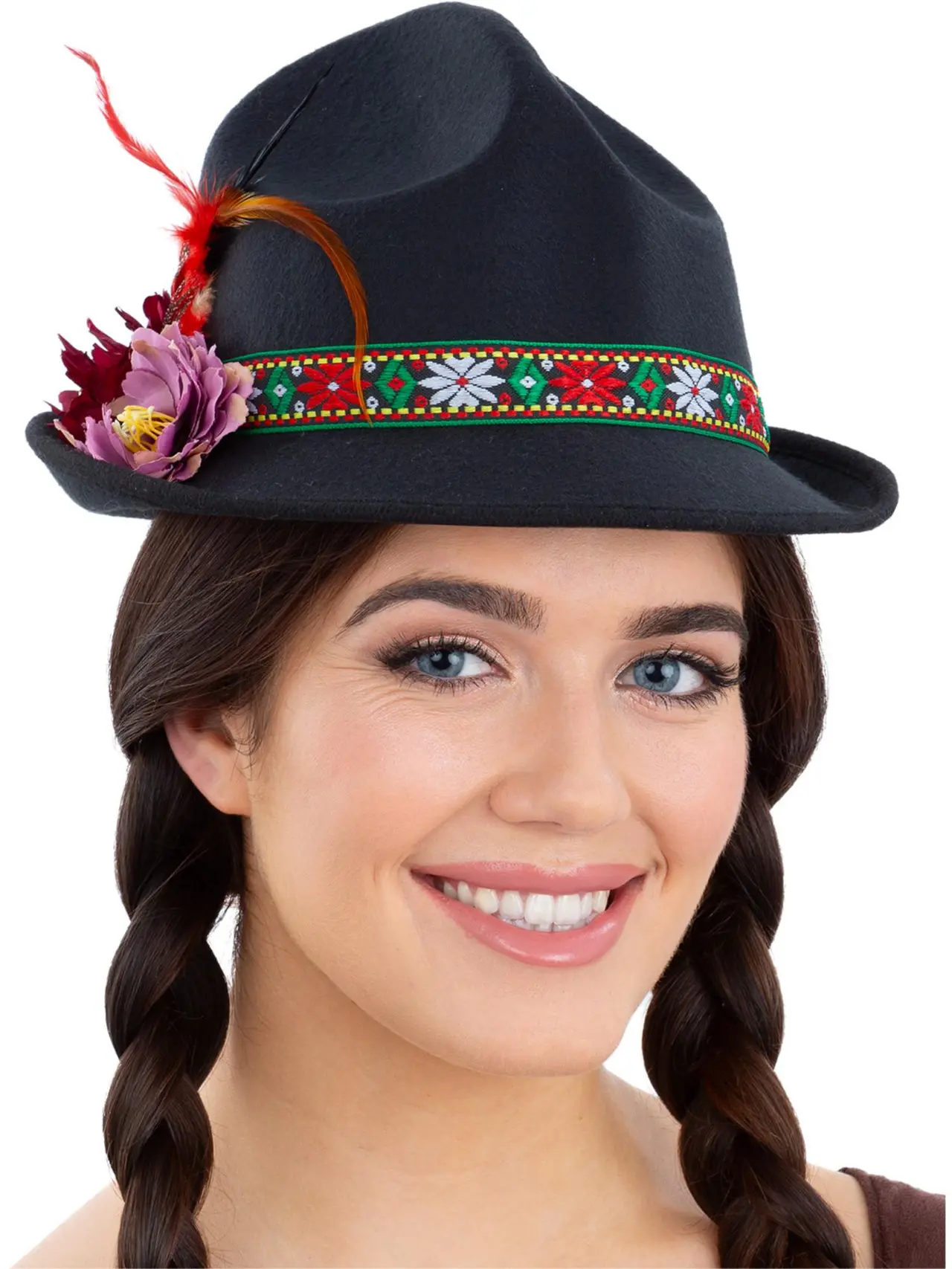 Tyrolerhat med fjer og blomster