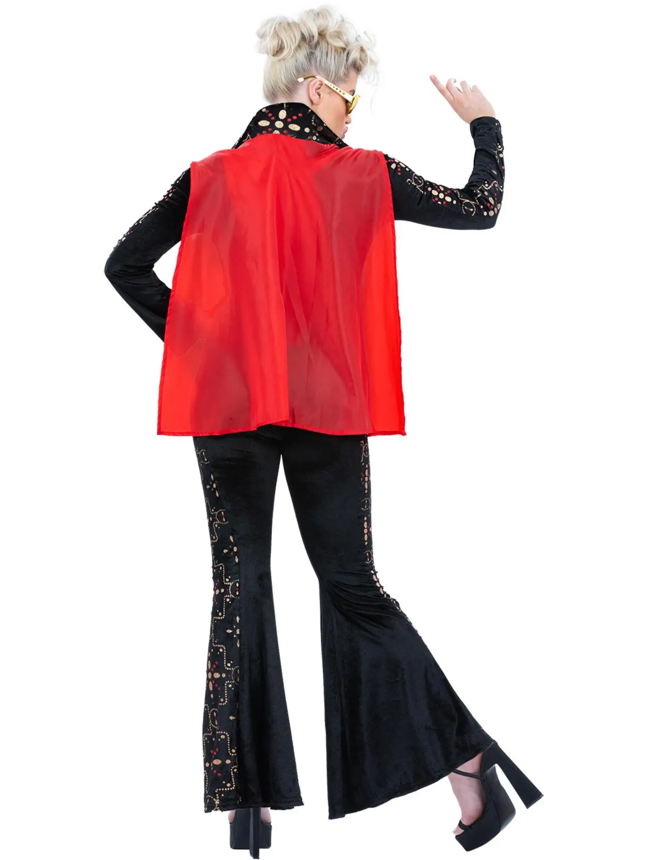 Elvis sort jumpsuit med rhinsten-print – kostume til damer