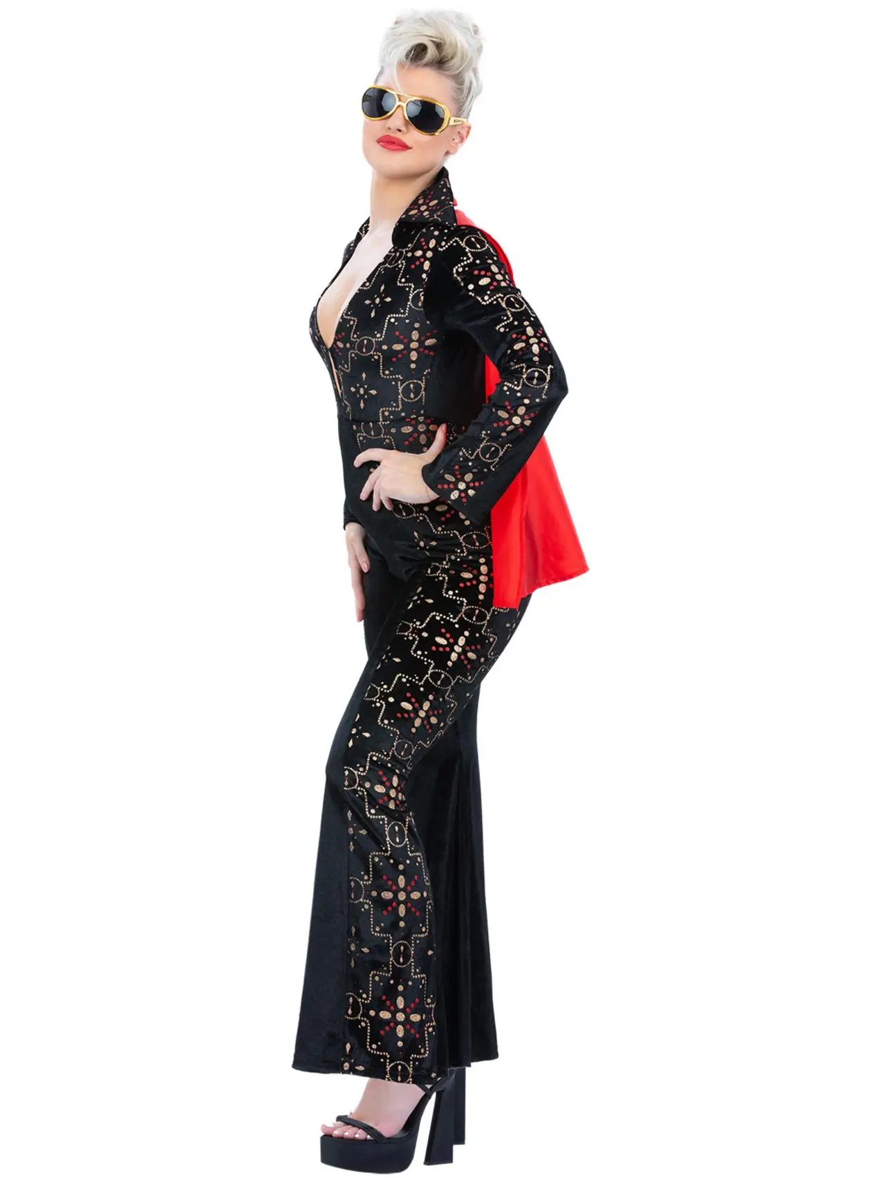 Elvis sort jumpsuit med rhinsten-print – kostume til damer