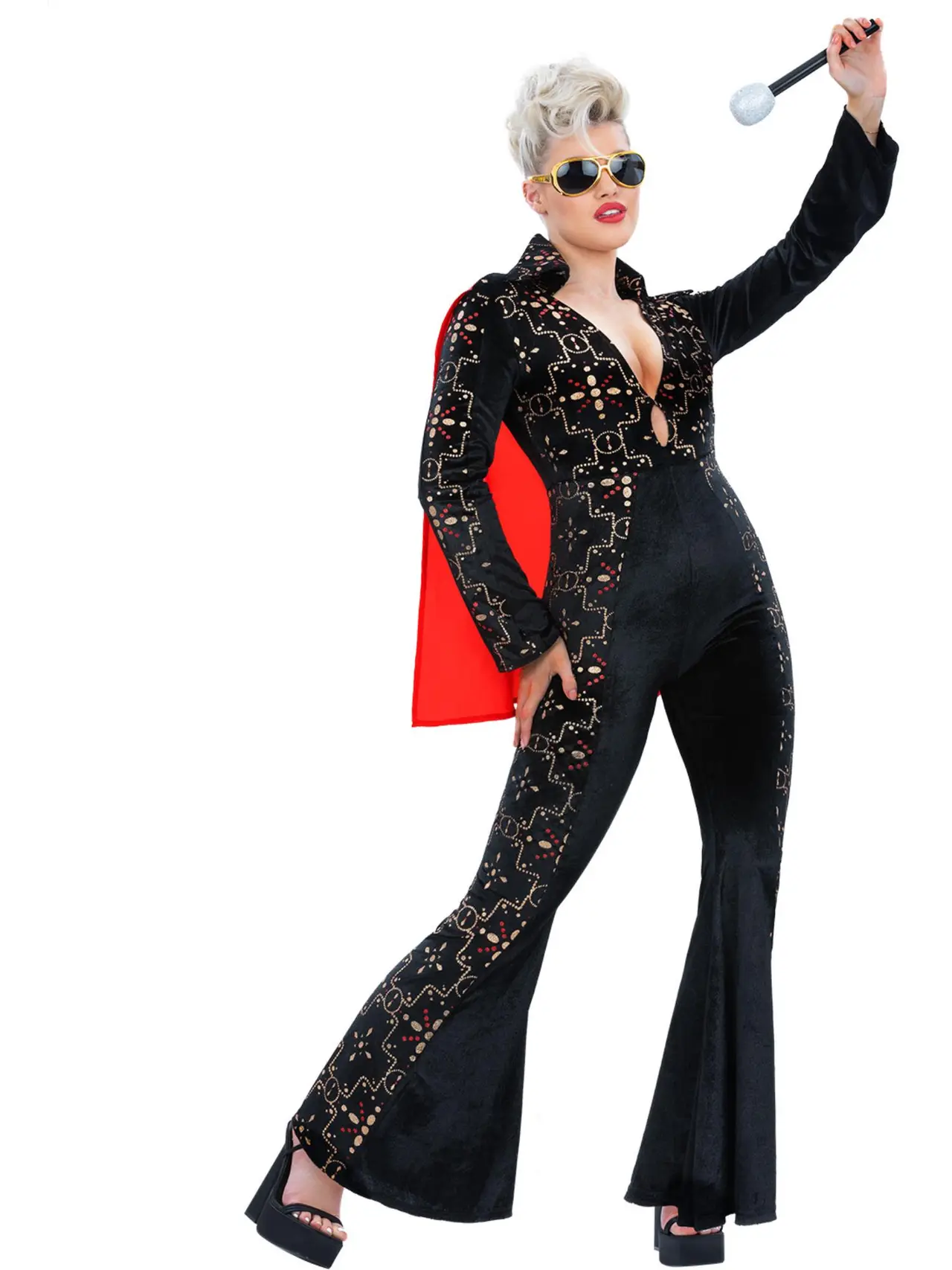 Elvis sort jumpsuit med rhinsten-print – kostume til damer