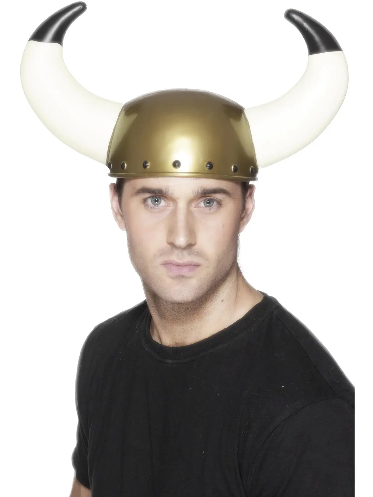 Guldfarvet vikingehjelm med store horn