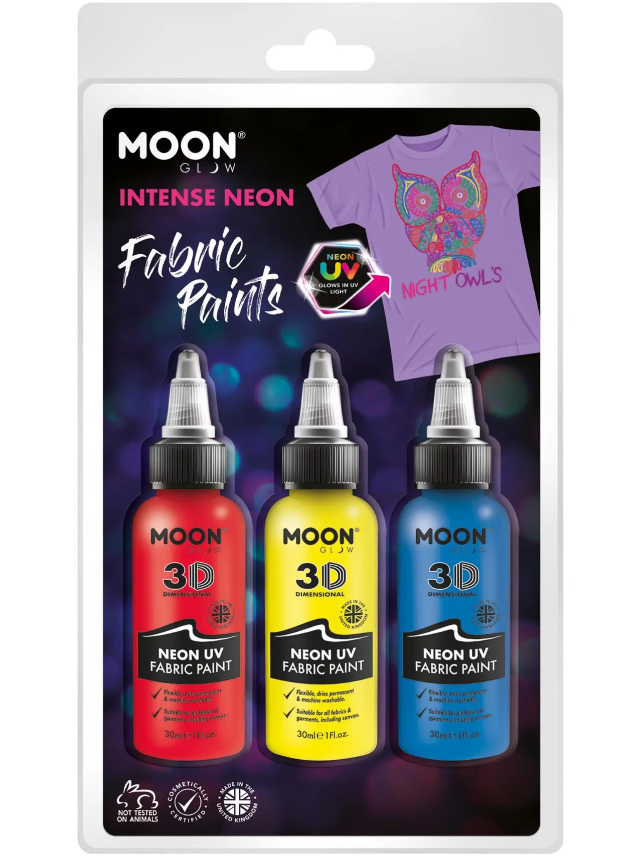 Moon Glow neon UV-stofmaling, rød, gul og blå