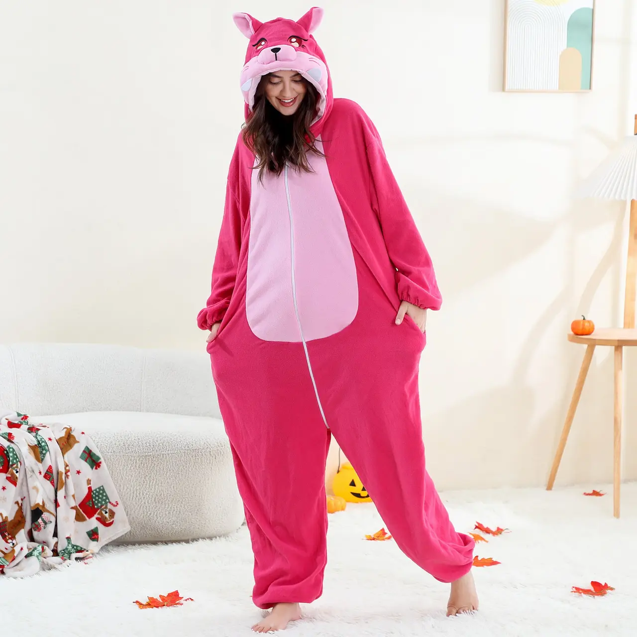 Pink kattedragt til voksne med lommer i siderne