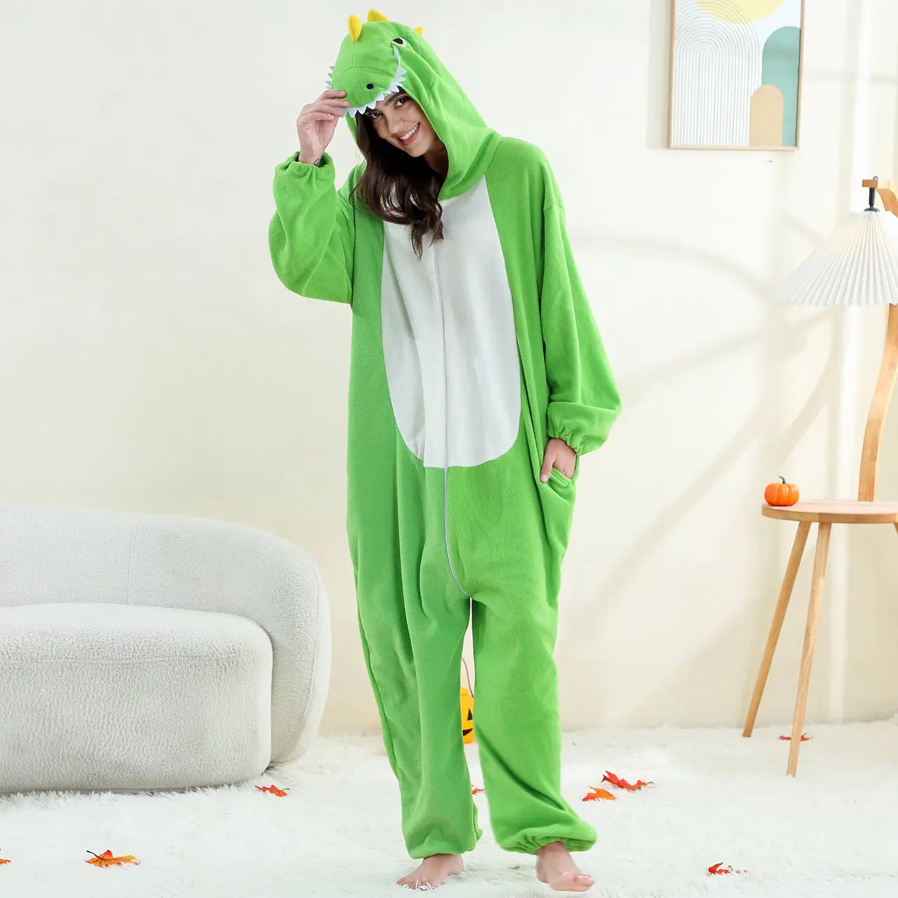 Lysegrøn dinosaurdragt til voksne med hætten på